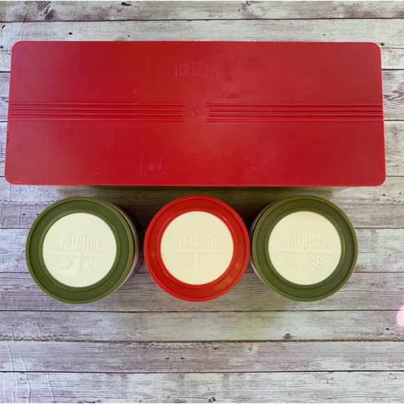 Vintage Thermos Insulated Jars #1155/3 Red Green Picnic Slide Lid Container - Picture 3 of 12